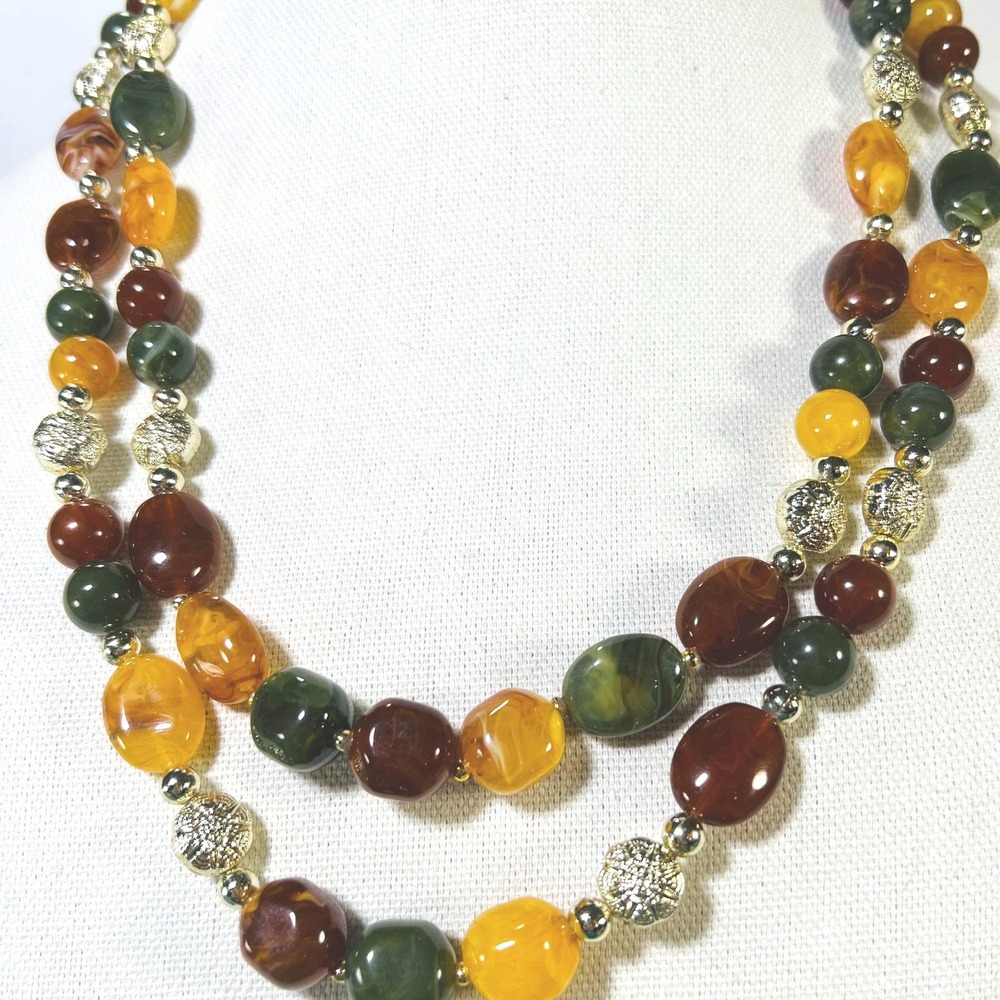 Vintage Marbled Thermoset Beaded Necklace Earth‎ Tone 2 Strand 18" Silver Tone